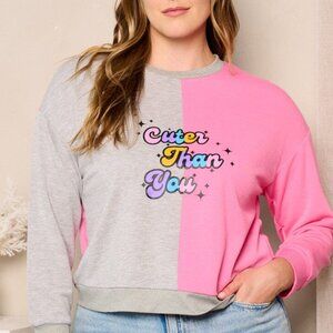 B32 PLUS SIZE LONG SLEEVE COLORBLOCK GRAPHIC LIGHTWEIGHT SWEATSHIRT PINK NEW